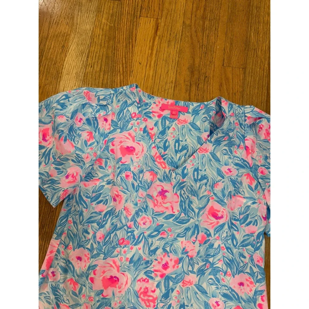 Lilly Pulitzer Ivee Top XS Bondi Blue My Little Peony Cotton Puff Sleeve V-Neck